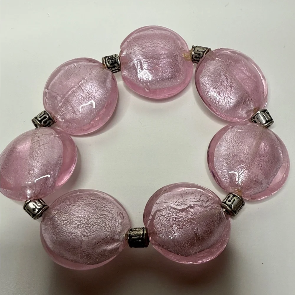 Elegant Pink glass frosted discs Beaded stretch Bracelet so pretty